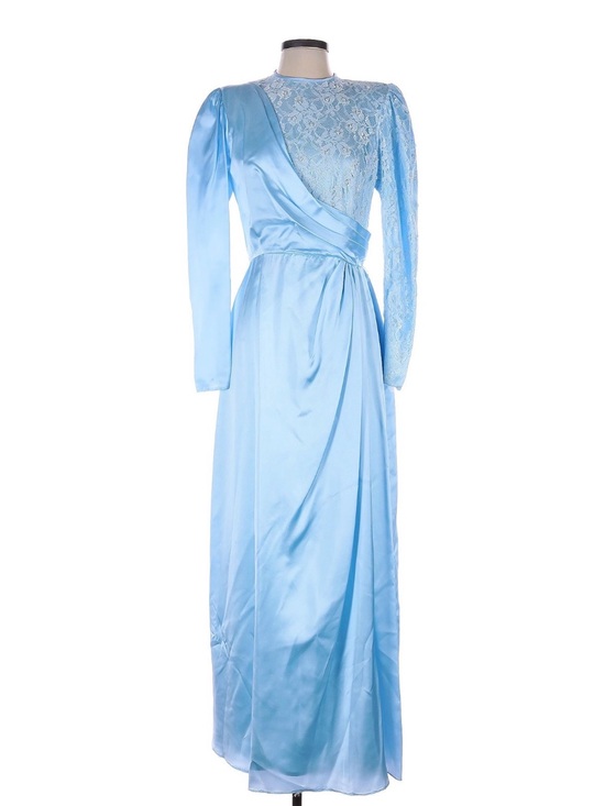 Dresses & Skirts - Vintage 70s Sky Blue Satin & Lace Long Sleeve Gown, Sz 10/12